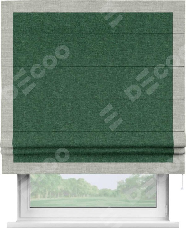 Римская штора «Кортин» с кантом Чесс, для проема, ткань лён серо-зеленый