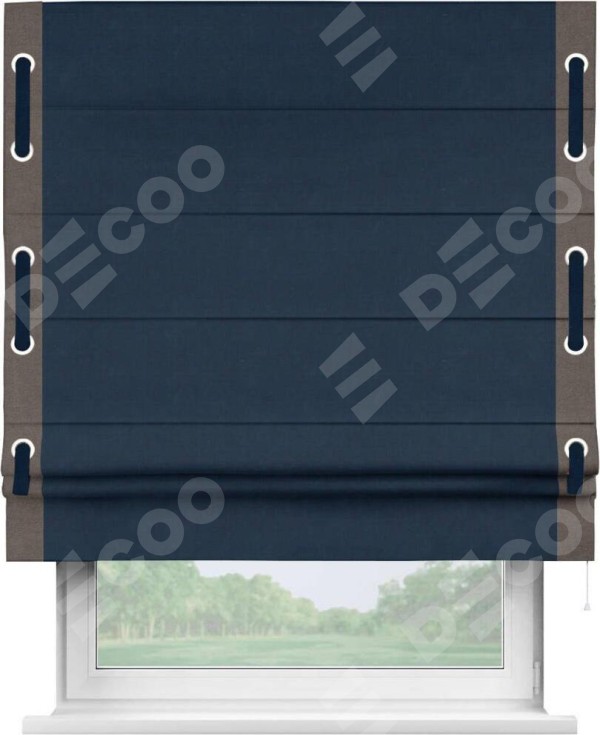 Римская штора «Кортин» с кантом Стрим Дуо (люверсы с пояском), для проема, ткань вельвет темно-синий