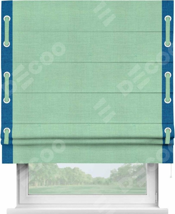 Римская штора «Кортин» с кантом Стрим Дуо (люверсы с пояском), для проема, ткань лён светло-бирюзовый