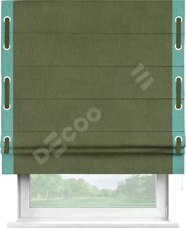 Римская штора «Кортин» для проема, лён димаут салатовый с кантом Стрим Дуо (люверсы с пояском)