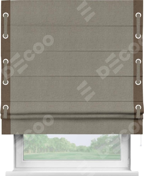 Римская штора «Кортин» с кантом Стрим Дуо (люверсы с пояском), для проема, ткань лён димаут, серо-зелёный