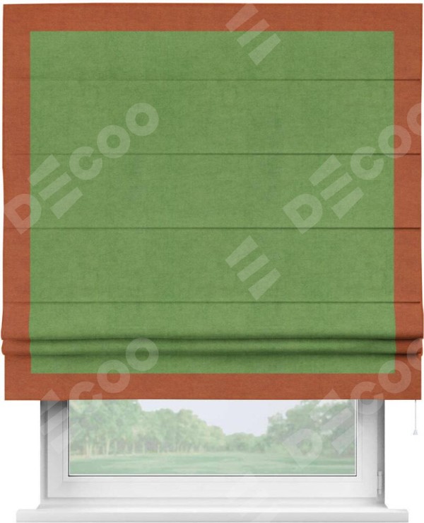 Римская штора «Кортин» с кантом Чесс, для проема, ткань вельвет салатовый