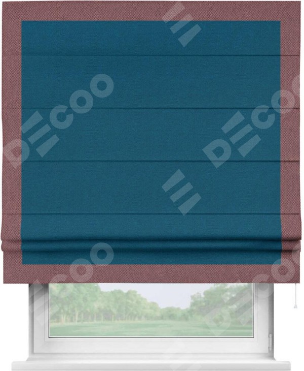 Римская штора «Кортин» с кантом Чесс, для проема, ткань лён димаут, синий