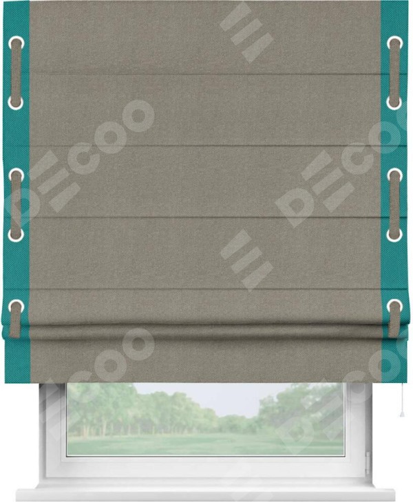 Римская штора «Кортин» с кантом Стрим Дуо (люверсы с пояском), для проема, ткань лён димаут, серо-зелёный