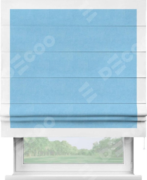 Римская штора «Кортин» с кантом Чесс, для проема, ткань вельвет голубой