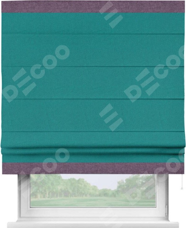 Римская штора «Кортин» с кантом Горизонт, для проема, ткань лён димаут, тёмно-бирюзовый