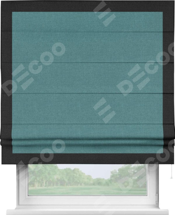 Римская штора «Кортин» с кантом Чесс, для проема, ткань лён бирюзовый