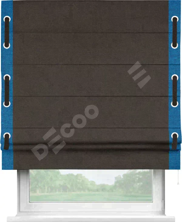 Римская штора «Кортин» для проёма, лён тёмно-коричневый, с кантом Стрим Дуо (люверсы с пояском)