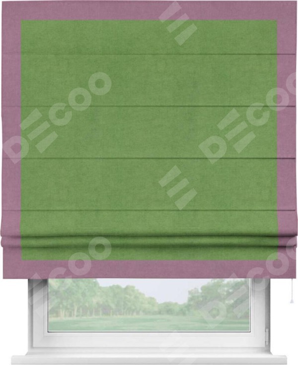 Римская штора «Кортин» с кантом Чесс, для проема, ткань вельвет салатовый