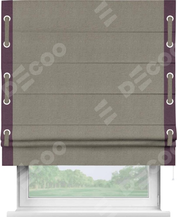 Римская штора «Кортин» с кантом Стрим Дуо (люверсы с пояском), для проема, ткань лён димаут, серо-зелёный