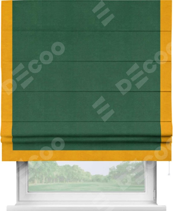 Римская штора «Кортин» с кантом Виктория, для проема, ткань вельвет зеленый