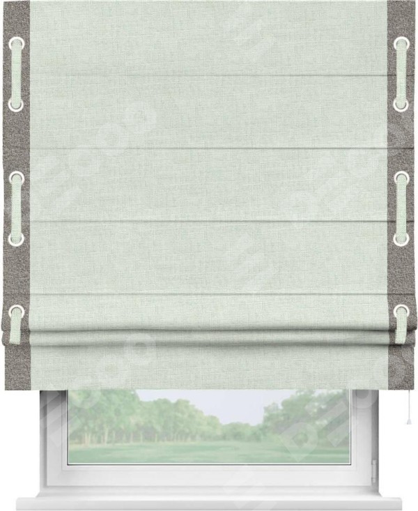 Римская штора «Кортин» для проёма, лён топлёное молоко, с кантом Стрим Дуо (люверсы с пояском)