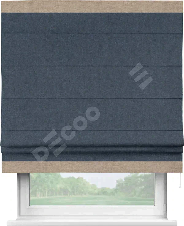 Римская штора «Кортин» для проёма, лён кашемир синий, с кантом Горизонт