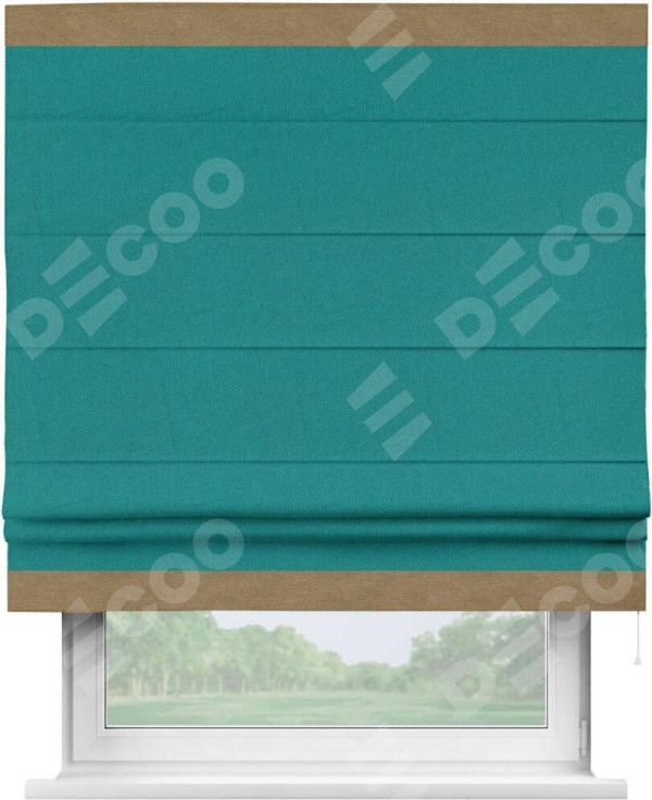 Римская штора «Кортин» с кантом Горизонт, для проема, ткань лён димаут, тёмно-бирюзовый