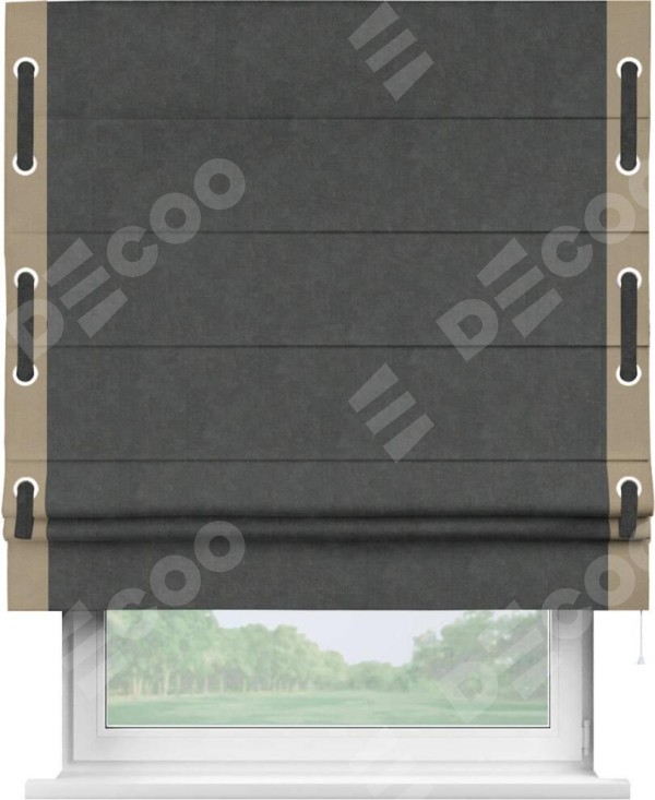 Римская штора «Кортин» с кантом Стрим Дуо (люверсы с пояском), для проема, ткань вельвет цвет тёмно-серый