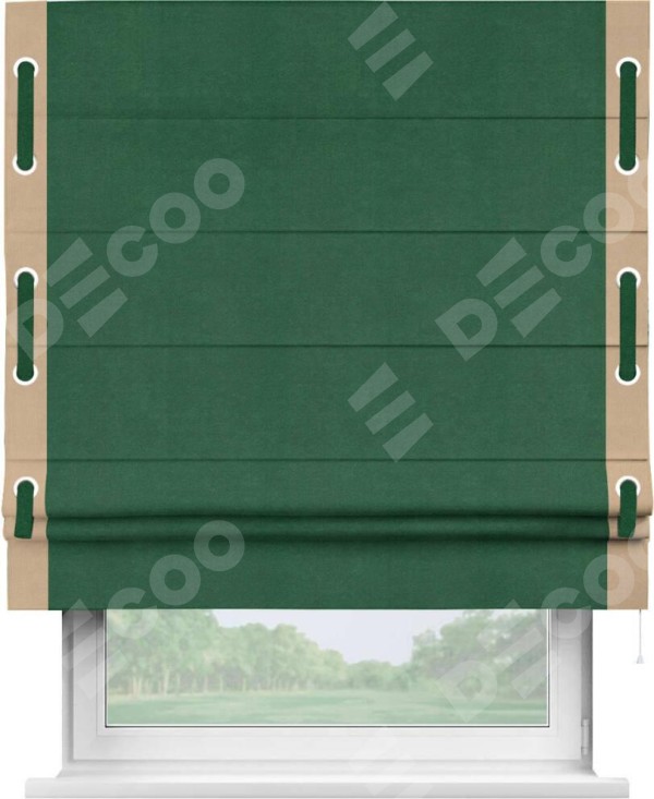 Римская штора «Кортин» с кантом Стрим Дуо (люверсы с пояском), для проема, ткань вельвет зеленый