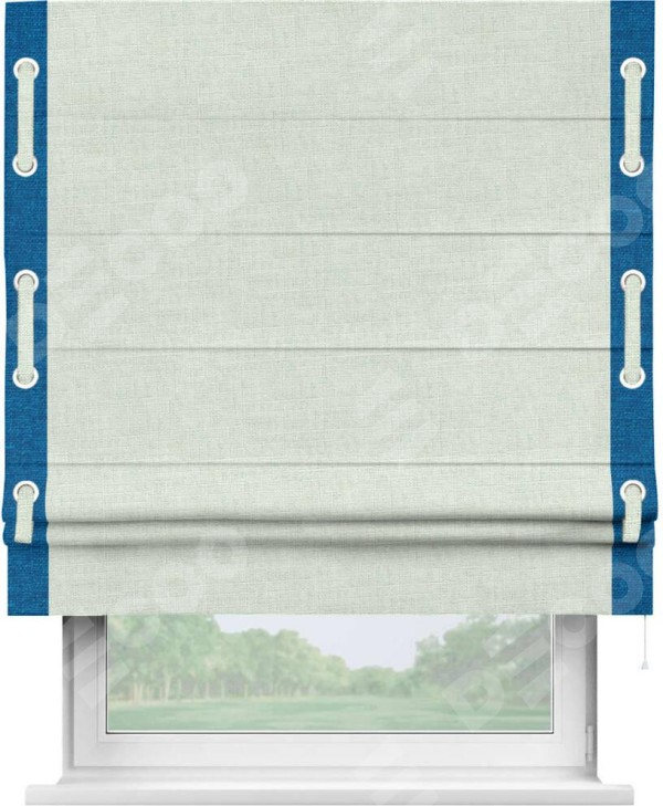 Римская штора «Кортин» для проёма, лён топлёное молоко, с кантом Стрим Дуо (люверсы с пояском)